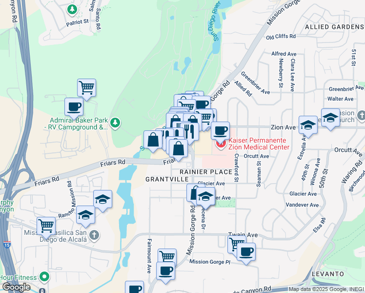 map of restaurants, bars, coffee shops, grocery stores, and more near 10410 Friars Road in San Diego