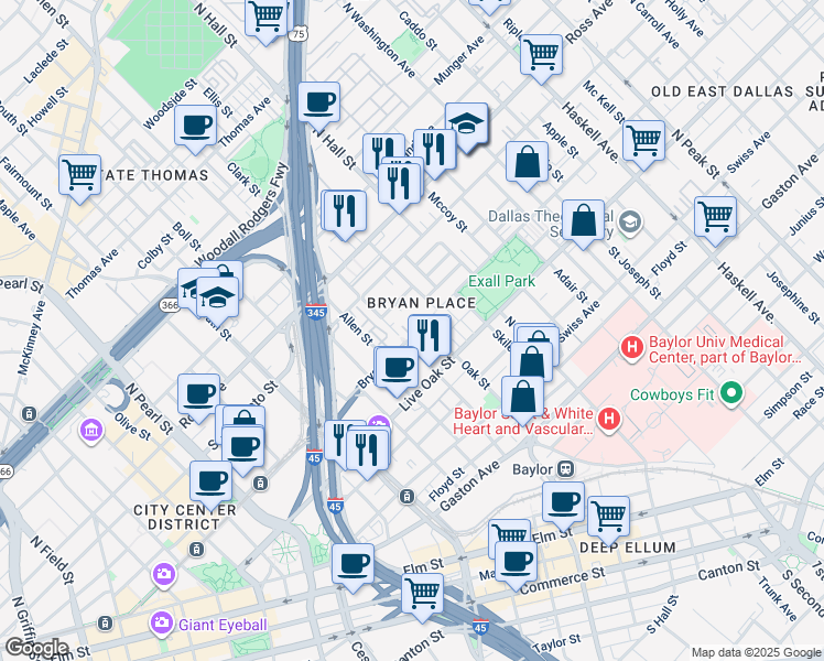 map of restaurants, bars, coffee shops, grocery stores, and more near 3025 Bryan Street in Dallas
