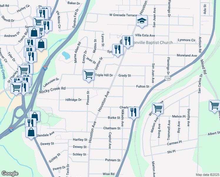 map of restaurants, bars, coffee shops, grocery stores, and more near 928 Rocky Creek Road in Macon