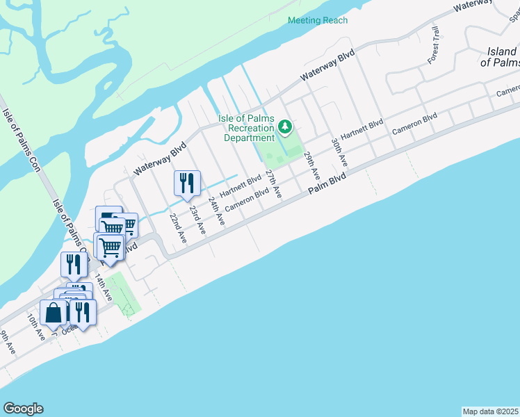 map of restaurants, bars, coffee shops, grocery stores, and more near 1 26th Avenue in Isle of Palms