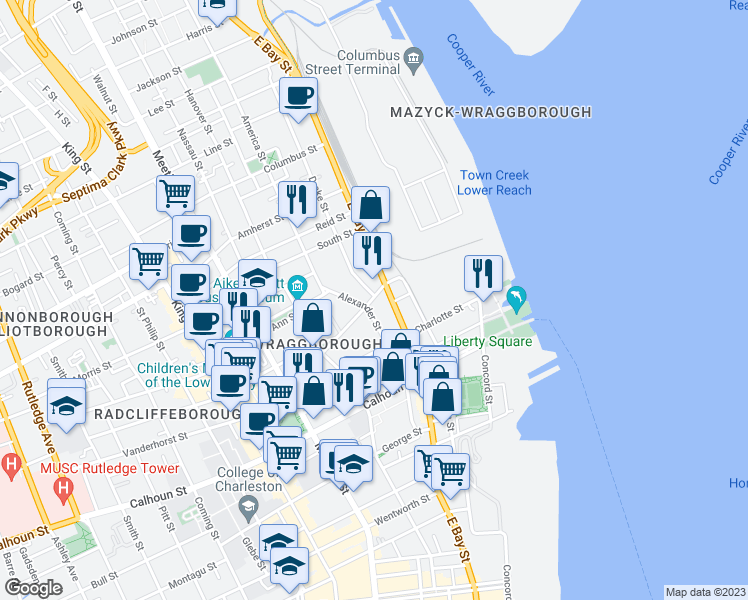 map of restaurants, bars, coffee shops, grocery stores, and more near 23 Chapel Street in Charleston