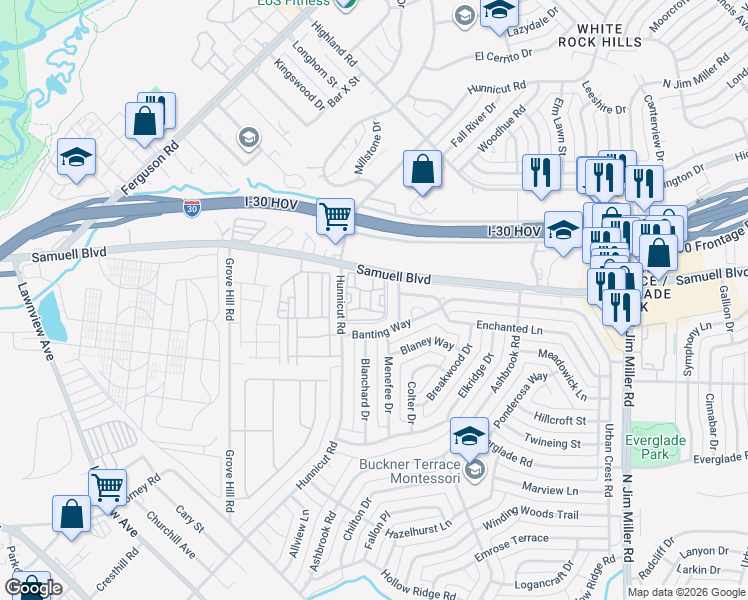 map of restaurants, bars, coffee shops, grocery stores, and more near 7450 Hunnicut Road in Dallas