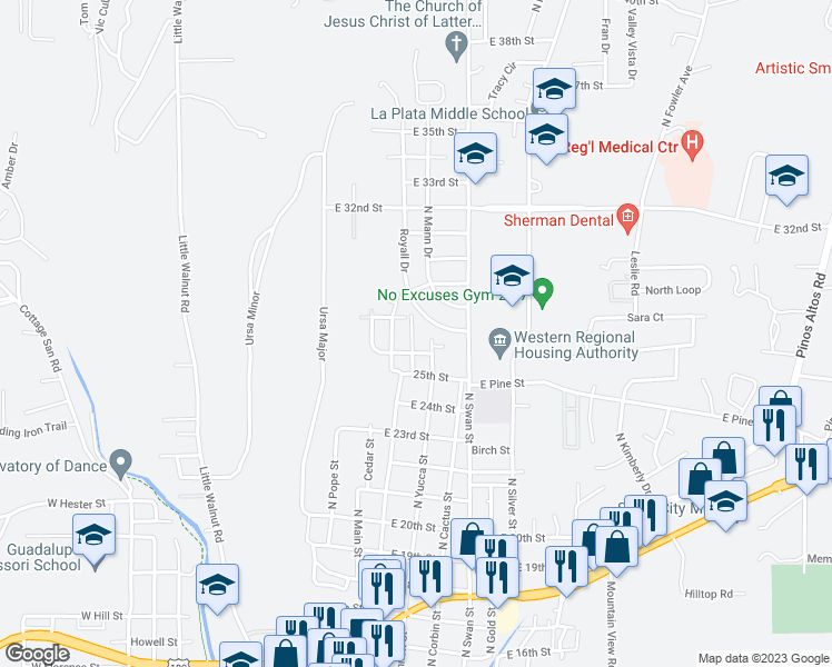 map of restaurants, bars, coffee shops, grocery stores, and more near 2614 North Juniper Avenue in Silver City