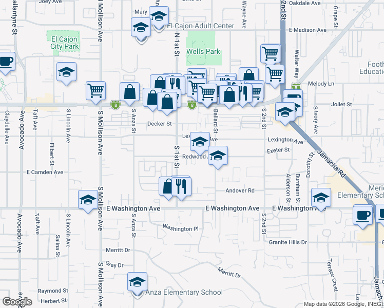 map of restaurants, bars, coffee shops, grocery stores, and more near 398 Fordyce Street in El Cajon