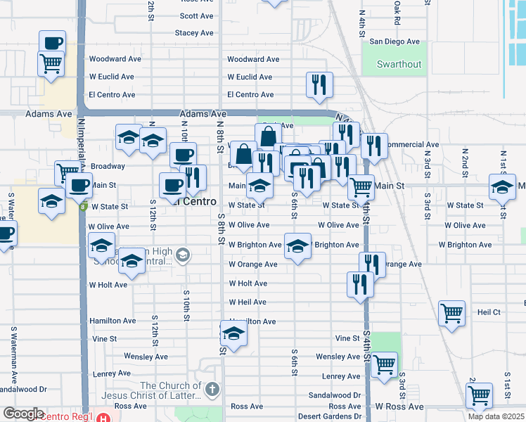 map of restaurants, bars, coffee shops, grocery stores, and more near 687 West State Street in El Centro