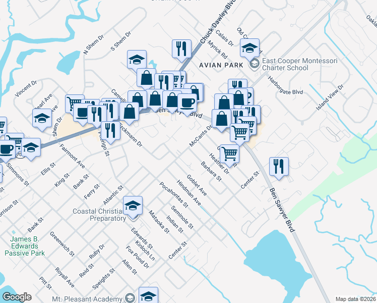 map of restaurants, bars, coffee shops, grocery stores, and more near 927 McCants Dr in Mt Pleasant