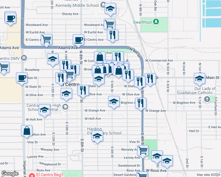 map of restaurants, bars, coffee shops, grocery stores, and more near 210 South 6th Street in El Centro