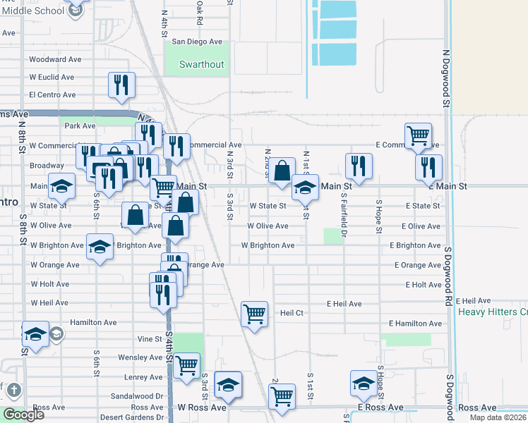 map of restaurants, bars, coffee shops, grocery stores, and more near 200 2nd Street in El Centro