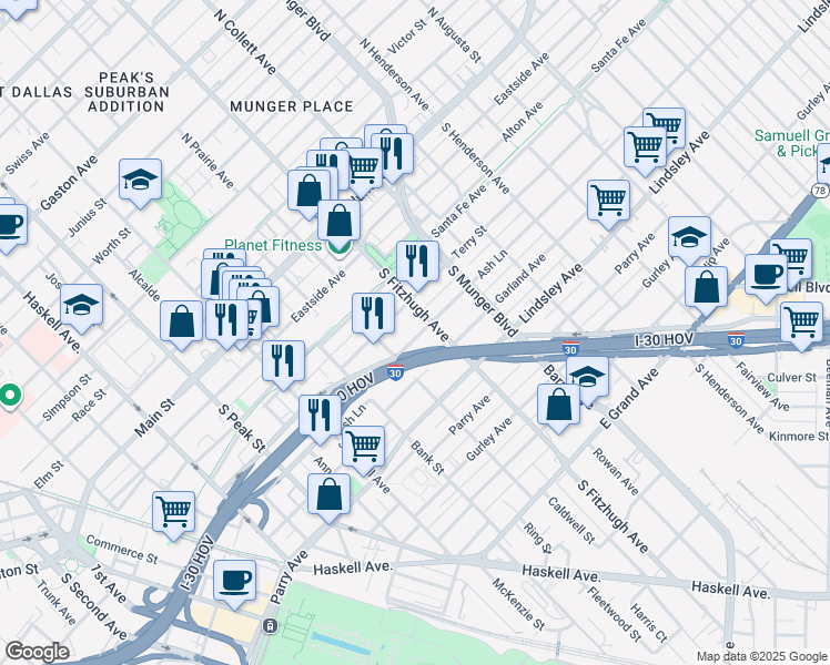 map of restaurants, bars, coffee shops, grocery stores, and more near 4827 Ash Lane in Dallas