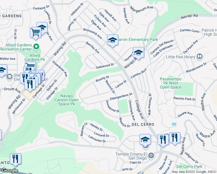 map of restaurants, bars, coffee shops, grocery stores, and more near 6330 Wenrich Drive in San Diego