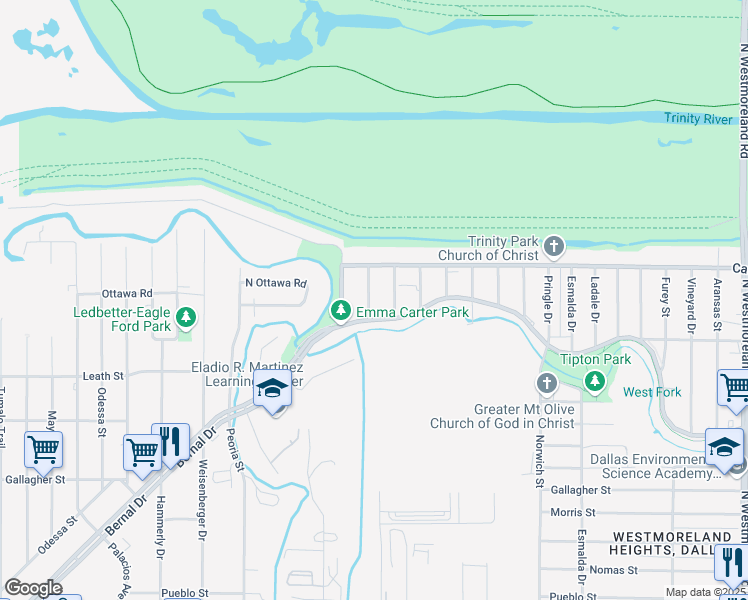 map of restaurants, bars, coffee shops, grocery stores, and more near 4116 Tram Drive in Dallas