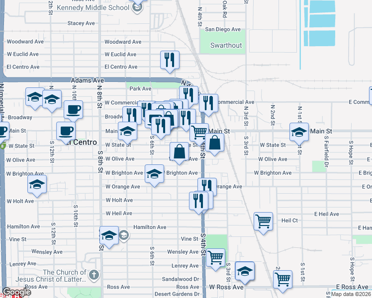 map of restaurants, bars, coffee shops, grocery stores, and more near 465 West State Street in El Centro