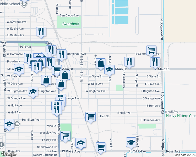 map of restaurants, bars, coffee shops, grocery stores, and more near 200 2nd Street in El Centro