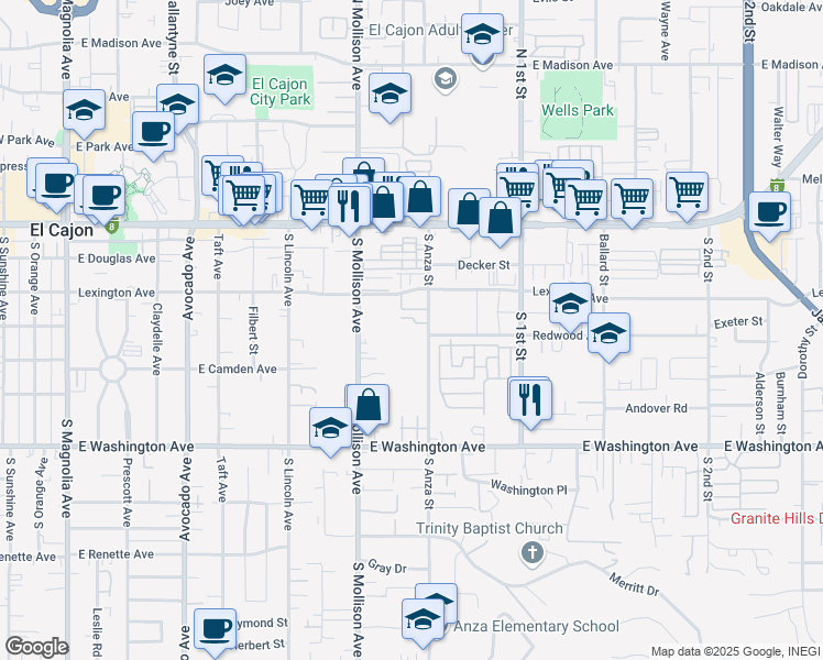 map of restaurants, bars, coffee shops, grocery stores, and more near 330 South Anza Street in El Cajon