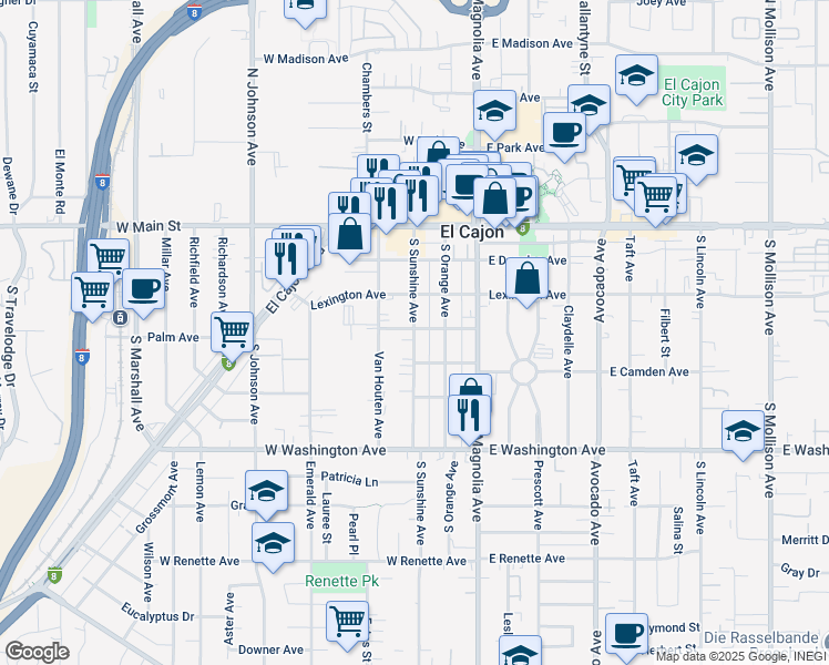 map of restaurants, bars, coffee shops, grocery stores, and more near 353 Palm Avenue in El Cajon