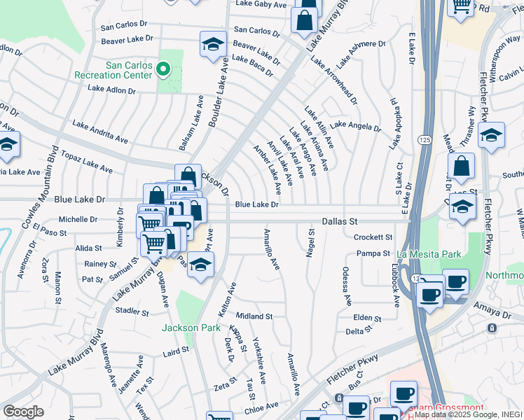 map of restaurants, bars, coffee shops, grocery stores, and more near 8457 Blue Lake Drive in San Diego
