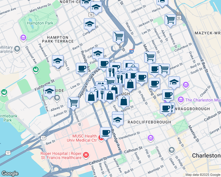 map of restaurants, bars, coffee shops, grocery stores, and more near 24 Ashe Street in Charleston