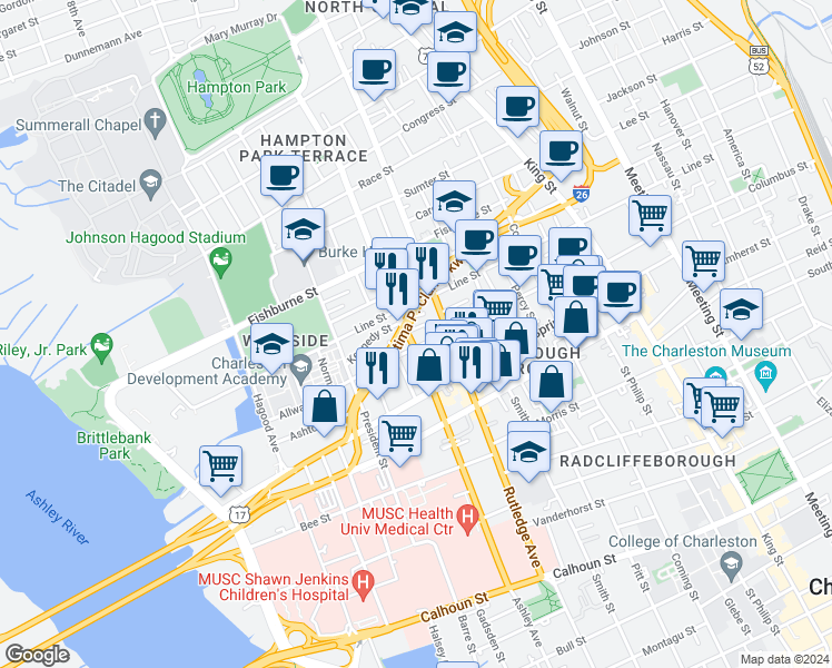 map of restaurants, bars, coffee shops, grocery stores, and more near 4 Catfiddle Street in Charleston