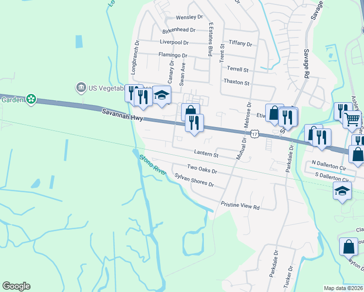 map of restaurants, bars, coffee shops, grocery stores, and more near 2480 Lantern Street in Charleston