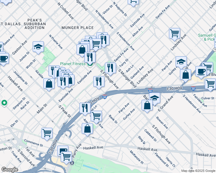 map of restaurants, bars, coffee shops, grocery stores, and more near 4827 Ash Lane in Dallas