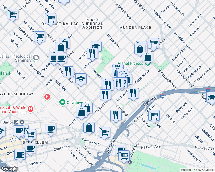 map of restaurants, bars, coffee shops, grocery stores, and more near 4325 Elm Street in Dallas