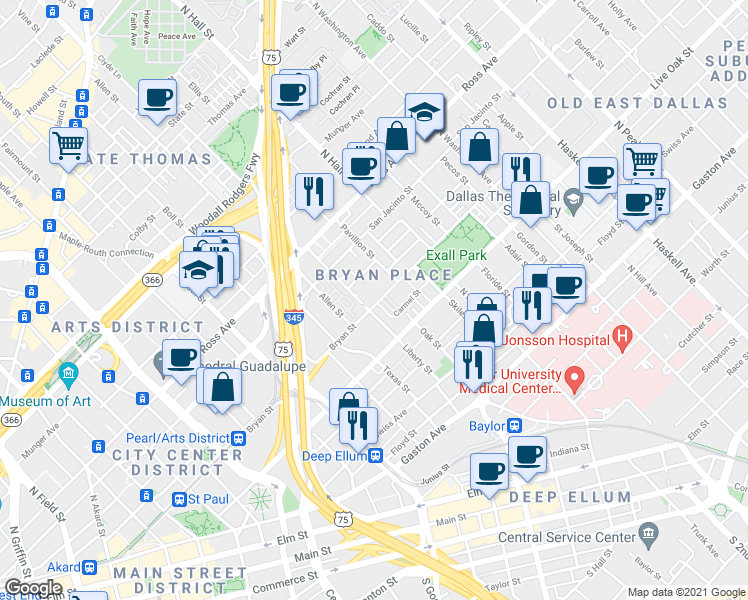 map of restaurants, bars, coffee shops, grocery stores, and more near 800 Liberty Street in Dallas