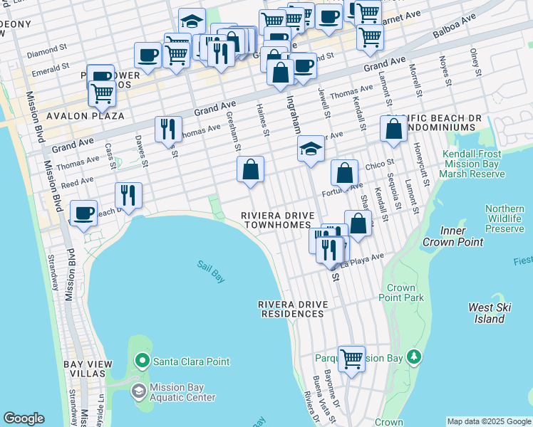 map of restaurants, bars, coffee shops, grocery stores, and more near 3986 Riviera Drive in San Diego
