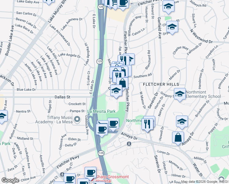 map of restaurants, bars, coffee shops, grocery stores, and more near 9071 Dallas Street in La Mesa