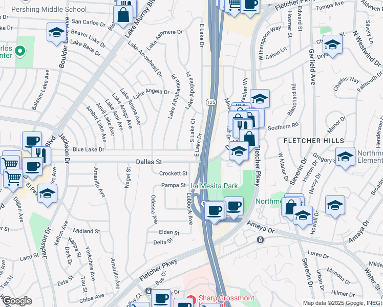 map of restaurants, bars, coffee shops, grocery stores, and more near 8801 Blue Lake Drive in San Diego