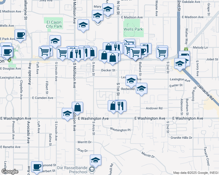 map of restaurants, bars, coffee shops, grocery stores, and more near 1064 Redwood Avenue in El Cajon