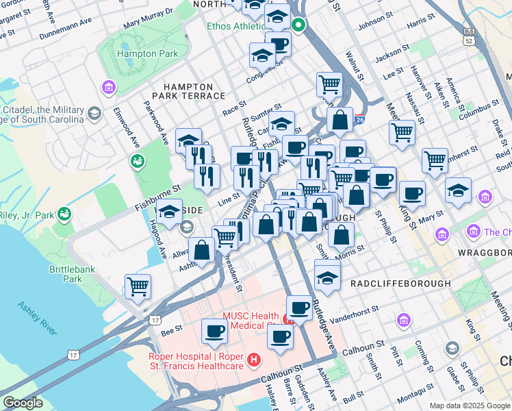 map of restaurants, bars, coffee shops, grocery stores, and more near 264 Ashley Avenue in Charleston