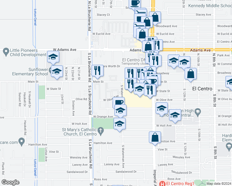 map of restaurants, bars, coffee shops, grocery stores, and more near 1720 West Olive Avenue in El Centro