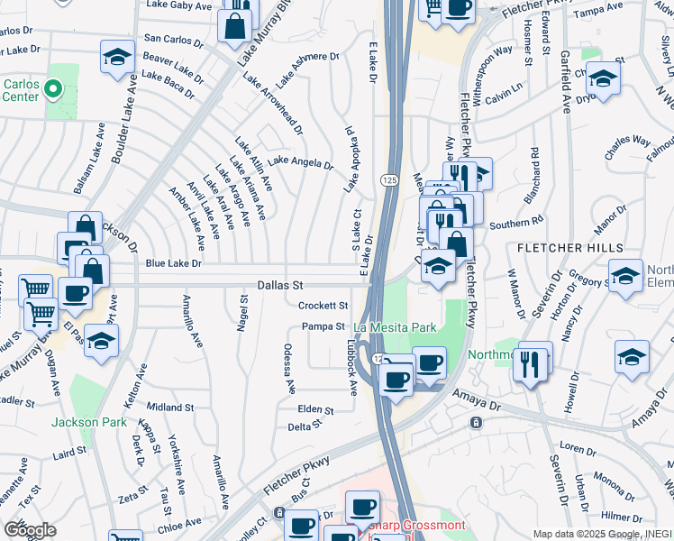map of restaurants, bars, coffee shops, grocery stores, and more near 8767 Blue Lake Drive in San Diego