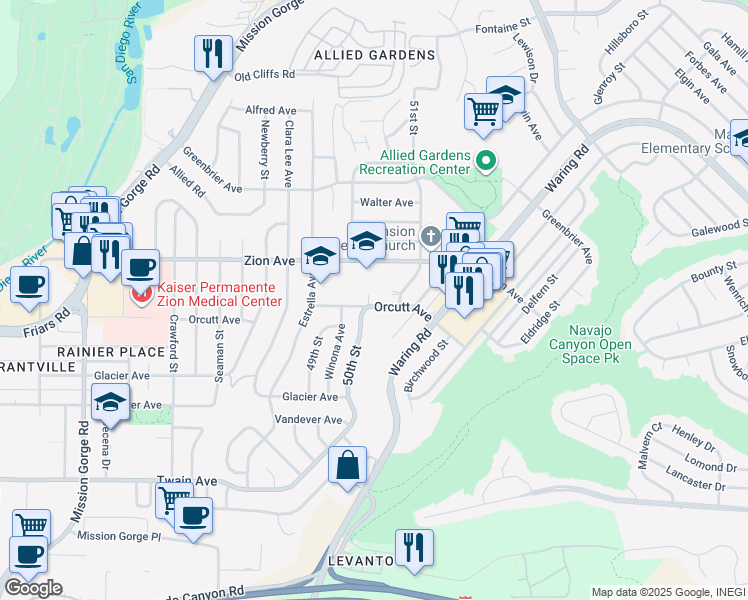 map of restaurants, bars, coffee shops, grocery stores, and more near 5012 Orcutt Avenue in San Diego