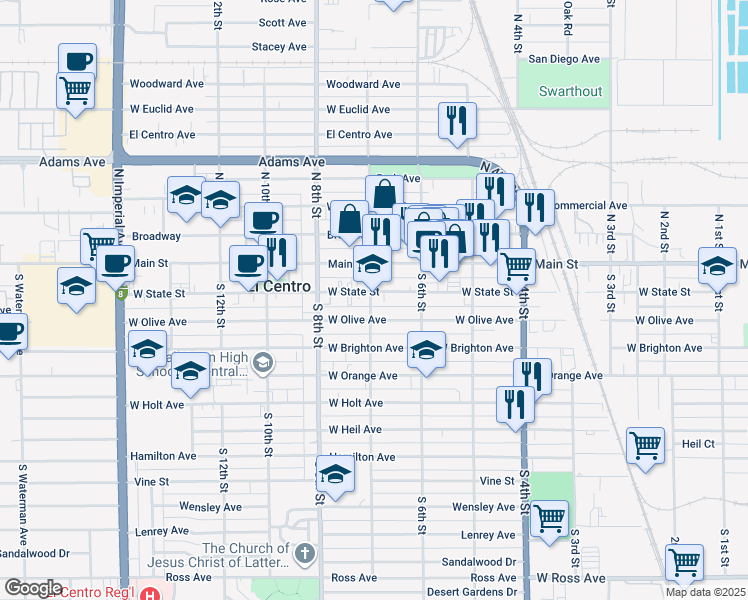 map of restaurants, bars, coffee shops, grocery stores, and more near 687 West State Street in El Centro