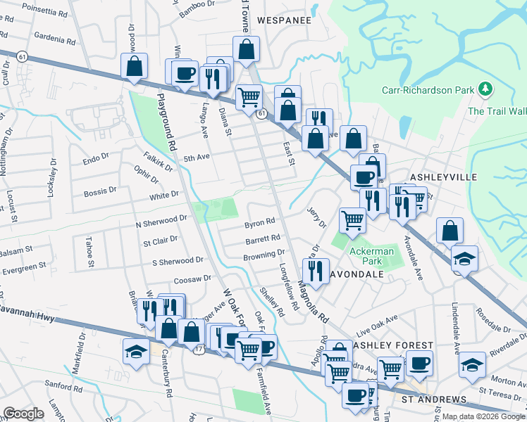 map of restaurants, bars, coffee shops, grocery stores, and more near 1155 Symmes Drive in Charleston