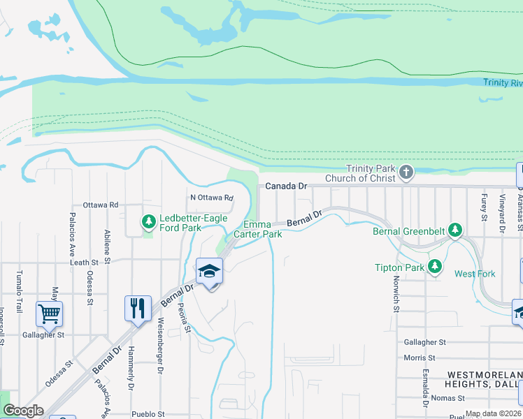 map of restaurants, bars, coffee shops, grocery stores, and more near 4122 Pluto Street in Dallas