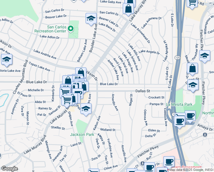map of restaurants, bars, coffee shops, grocery stores, and more near 8457 Blue Lake Drive in San Diego