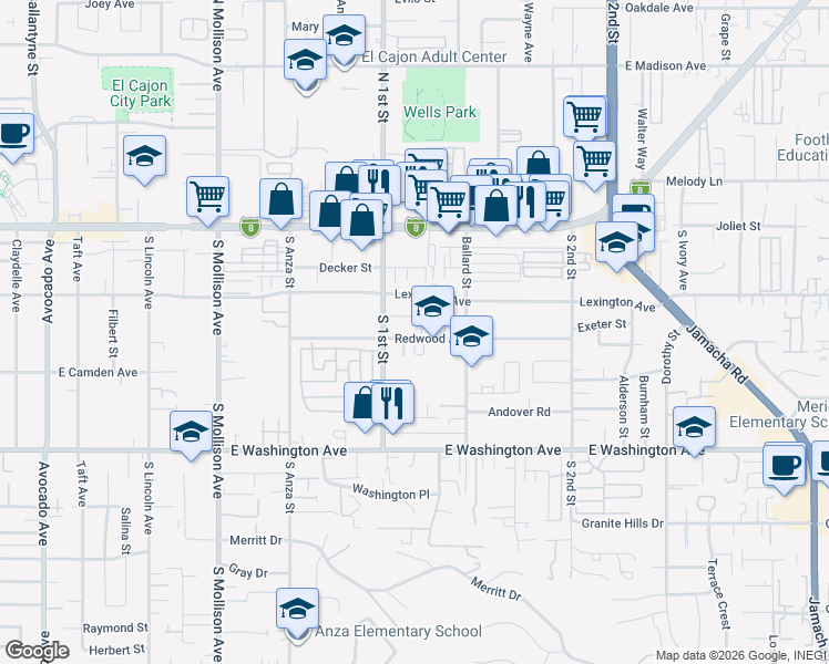 map of restaurants, bars, coffee shops, grocery stores, and more near 398 Fordyce Street in El Cajon