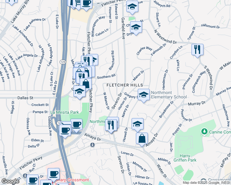 map of restaurants, bars, coffee shops, grocery stores, and more near 6200 Dixie Drive in La Mesa