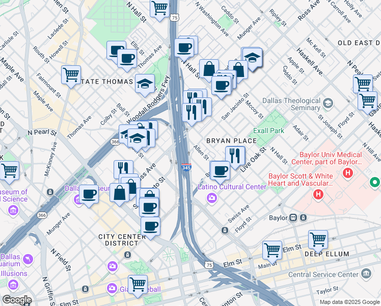 map of restaurants, bars, coffee shops, grocery stores, and more near 2900 San Jacinto Street in Dallas