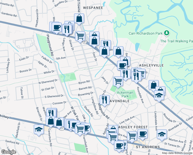 map of restaurants, bars, coffee shops, grocery stores, and more near 60 Anita Drive in Charleston
