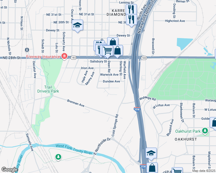 map of restaurants, bars, coffee shops, grocery stores, and more near 2417 Oxford Avenue in Fort Worth