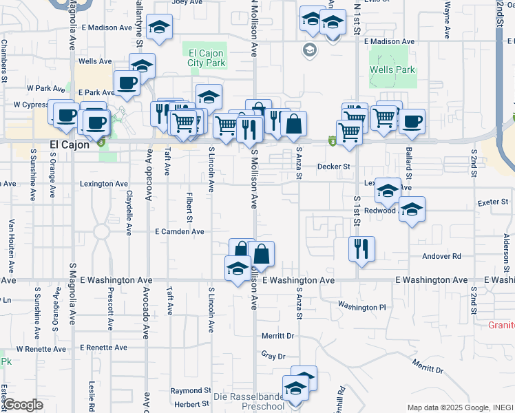 map of restaurants, bars, coffee shops, grocery stores, and more near 421 South Mollison Avenue in El Cajon