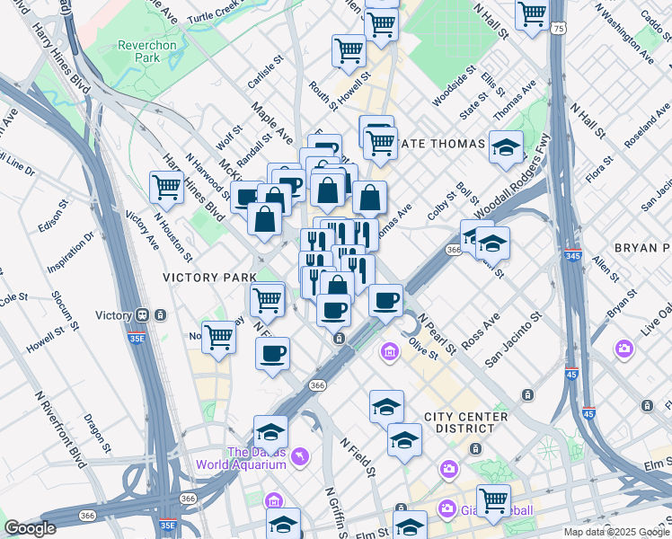map of restaurants, bars, coffee shops, grocery stores, and more near 2323 Olive Street in Dallas