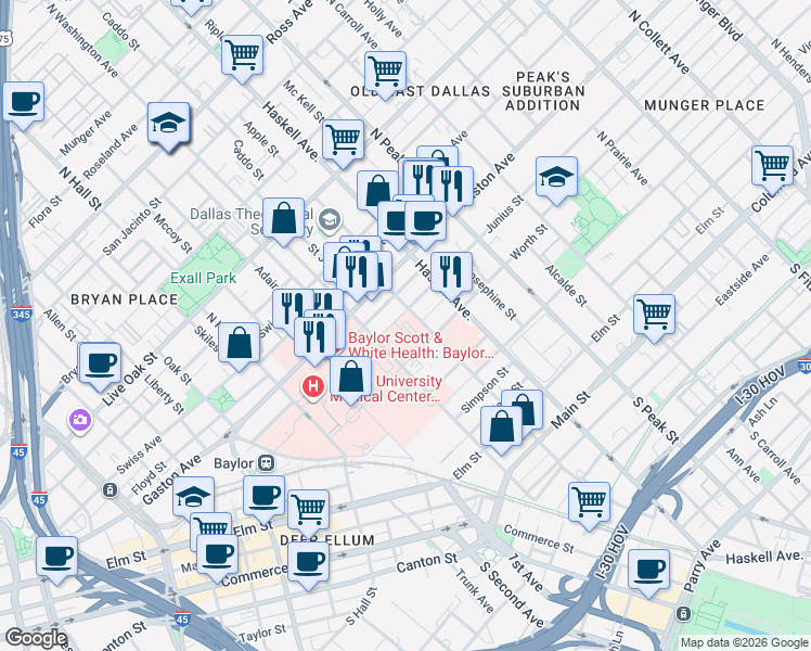 map of restaurants, bars, coffee shops, grocery stores, and more near 3921 Worth Street in Dallas