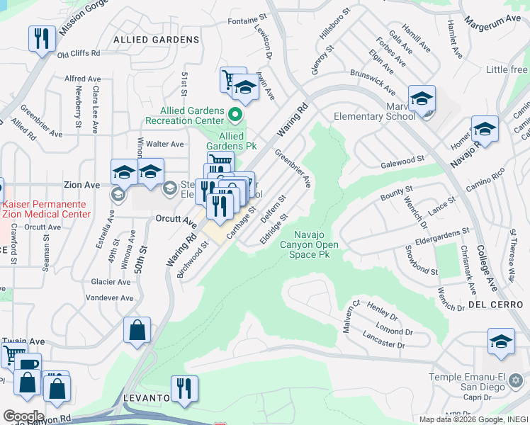 map of restaurants, bars, coffee shops, grocery stores, and more near 6602 Delfern Street in San Diego