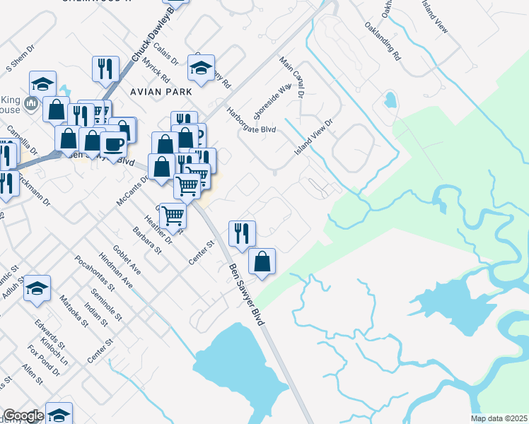 map of restaurants, bars, coffee shops, grocery stores, and more near 1481 Center Street Extension in Mount Pleasant