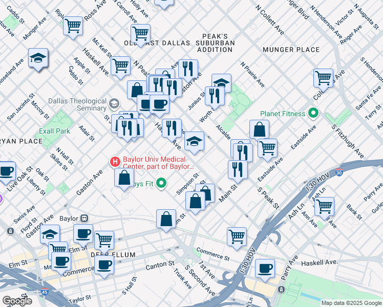 map of restaurants, bars, coffee shops, grocery stores, and more near 509 North Haskell Avenue in Dallas