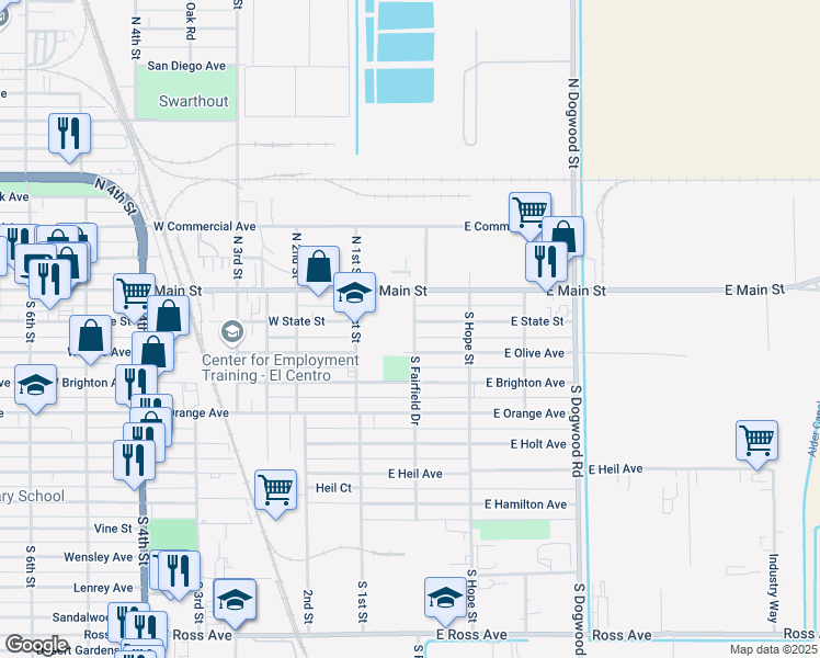 map of restaurants, bars, coffee shops, grocery stores, and more near 280 South Fairfield Drive in El Centro